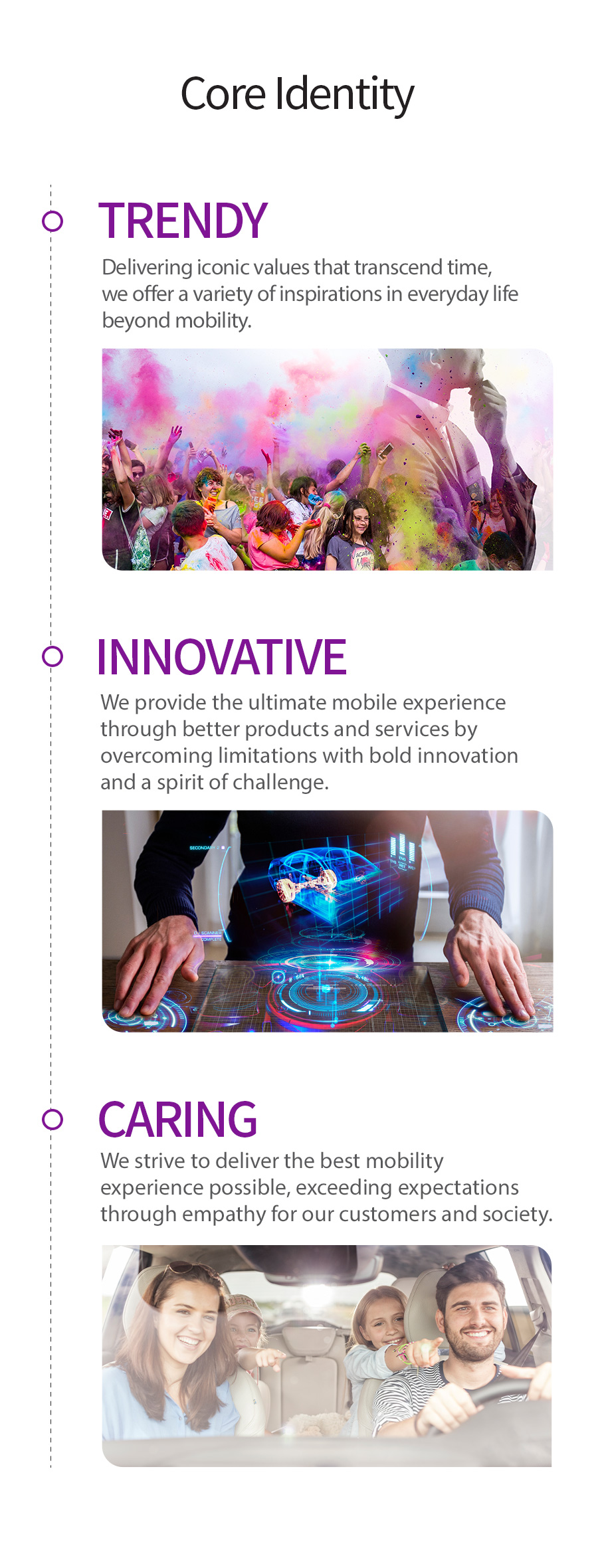 TRENDY-Improve customers’ quality of life by thinking ahead and creatively to solve problems  / INNOVATIVE-Enhance convenience for customers with an adventurous mindset to develop perfect products and services  / CARING-Strive together towards touching the hearts of customers and society